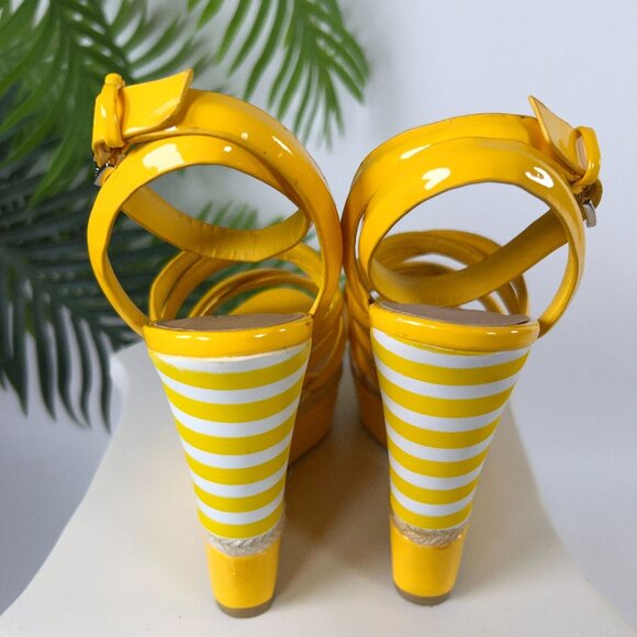 Vintage Y2K Yellow Striped Boho Strappy Open Toe Sandals Platform Wedge Heels /7 - Picture 3 of 8